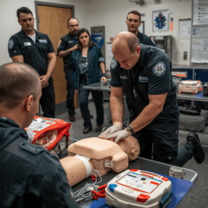 Formation AFGSU1 gestes et soins d'urgence, scène de formation médicale avec formateur enseignant les gestes de premiers secours, mannequin de réanimation, massage cardiaque, défibrillateur, participants en formation
