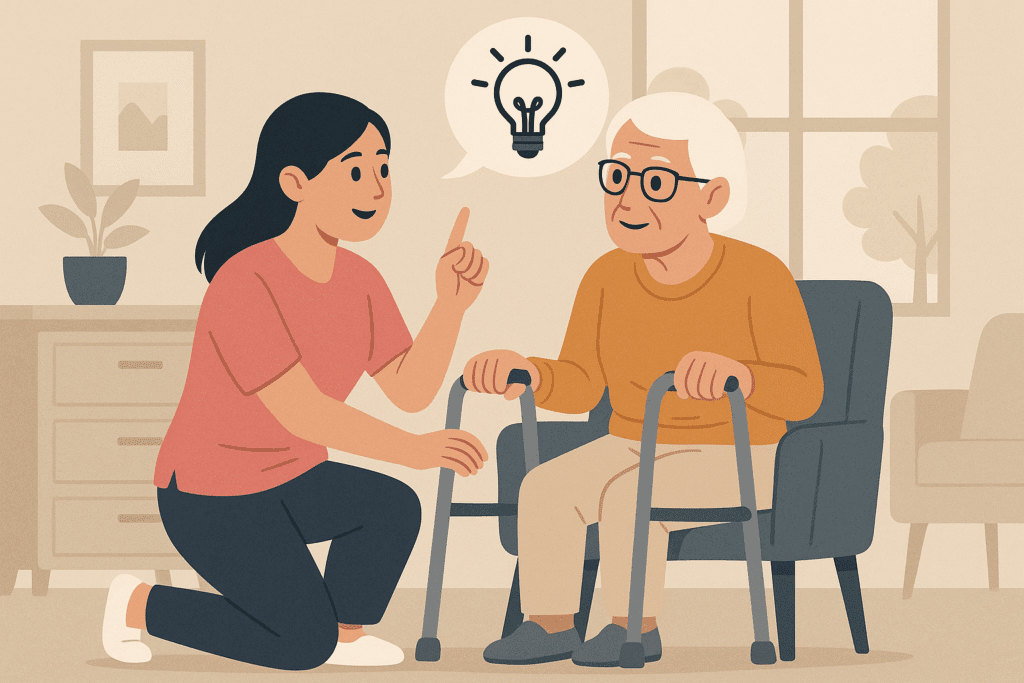 Intervenante à domicile en interaction positive avec une personne âgée utilisant un déambulateur