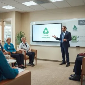 Photo réaliste d’un EHPAD moderne, avec une salle lumineuse et accueillante. On voit un directeur présenter un plan de formation RSE à une petite équipe (soignants et cadres). Au mur, un écran ou tableau avec des pictogrammes écologiques (feuille verte, recyclage, énergie). Ambiance professionnelle, sérieuse mais positive. Style photo haute qualité, institutionnel.