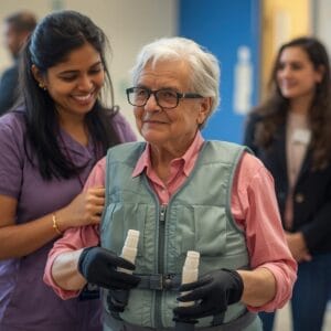 Un formateur accompagne un participant portant un simulateur de vieillissement (gilet lesté, lunettes simulant la vision altérée, gants rigides). L’ambiance est bienveillante, dans une salle lumineuse avec du matériel