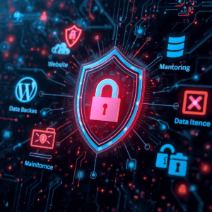 Interface de maintenance et sécurité WordPress, tableau de bord montrant des éléments de sécurité, cadenas, bouclier de protection, mises à jour système, sauvegarde de données, monitoring de site web, icônes de sécurité