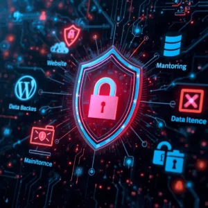 Interface de maintenance et sécurité WordPress, tableau de bord montrant des éléments de sécurité, cadenas, bouclier de protection, mises à jour système, sauvegarde de données, monitoring de site web, icônes de sécurité